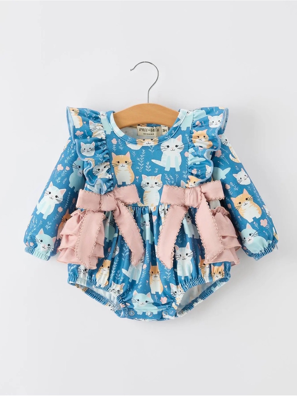 Rylee Faith Fall Cat Print Girls Long Sleeve Romper